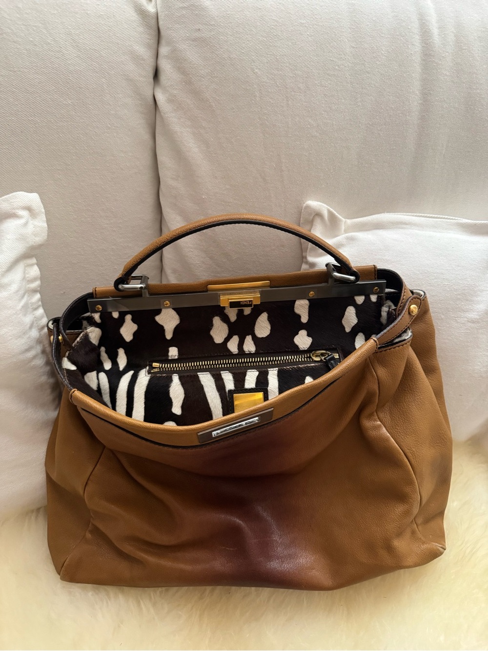 Fendi peekaboo large Brown Leather Top-Handle Women's Bag with Zebra Interior